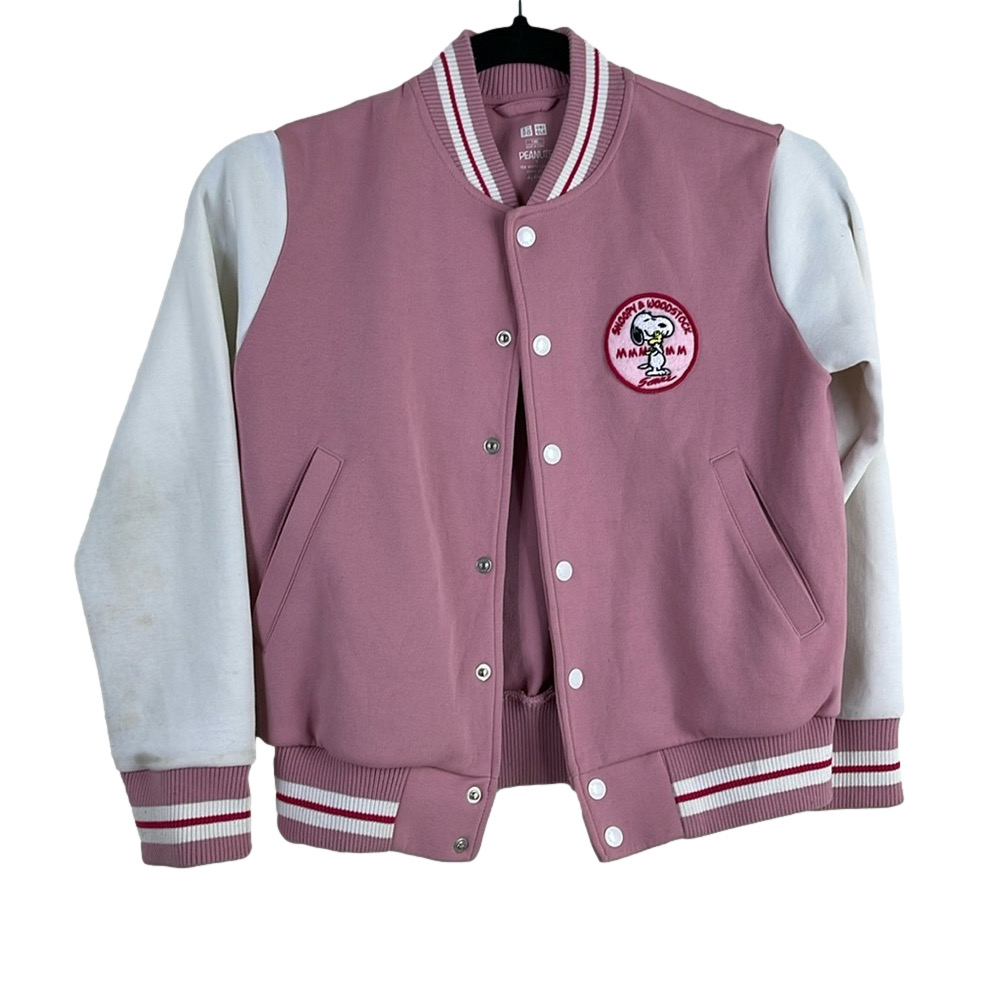 Kids Girls Uniqlo Peanuts Pink/ White Varsity Jacket  Sz kids 8-9